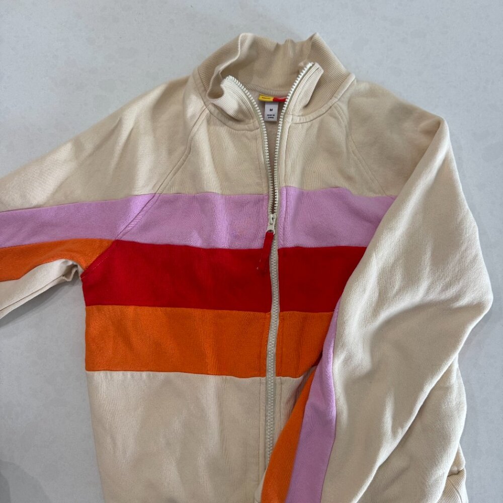 Neutral Zip-Front Colorblock Pullover with Pink, Red and Orange Stripes - Picture 4 of 5